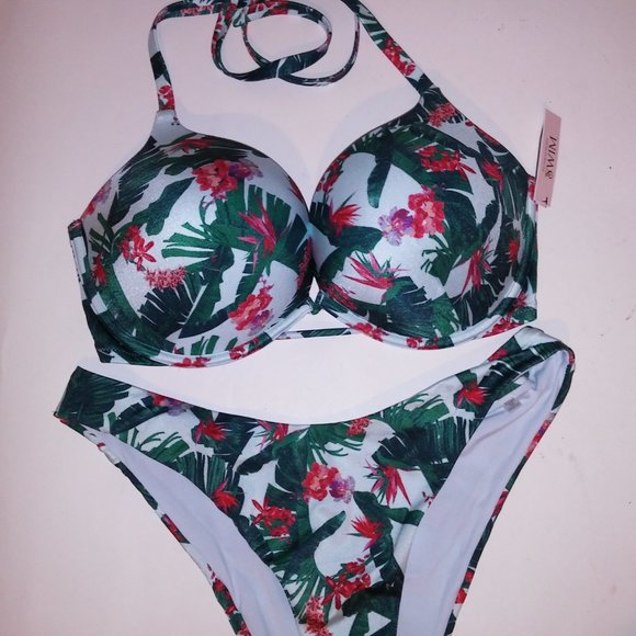 Victoria Secret Swim Bikini 38D Top XL Bottom Blue Green Leaves Bombshell Push U - Picture 6 of 10